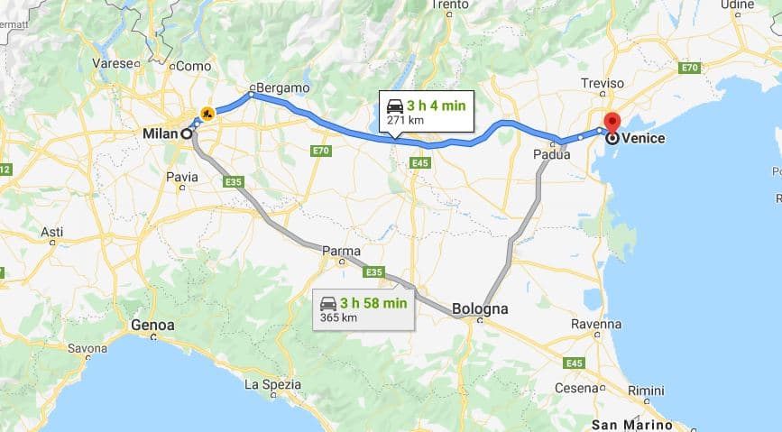 Milan to Venice by car